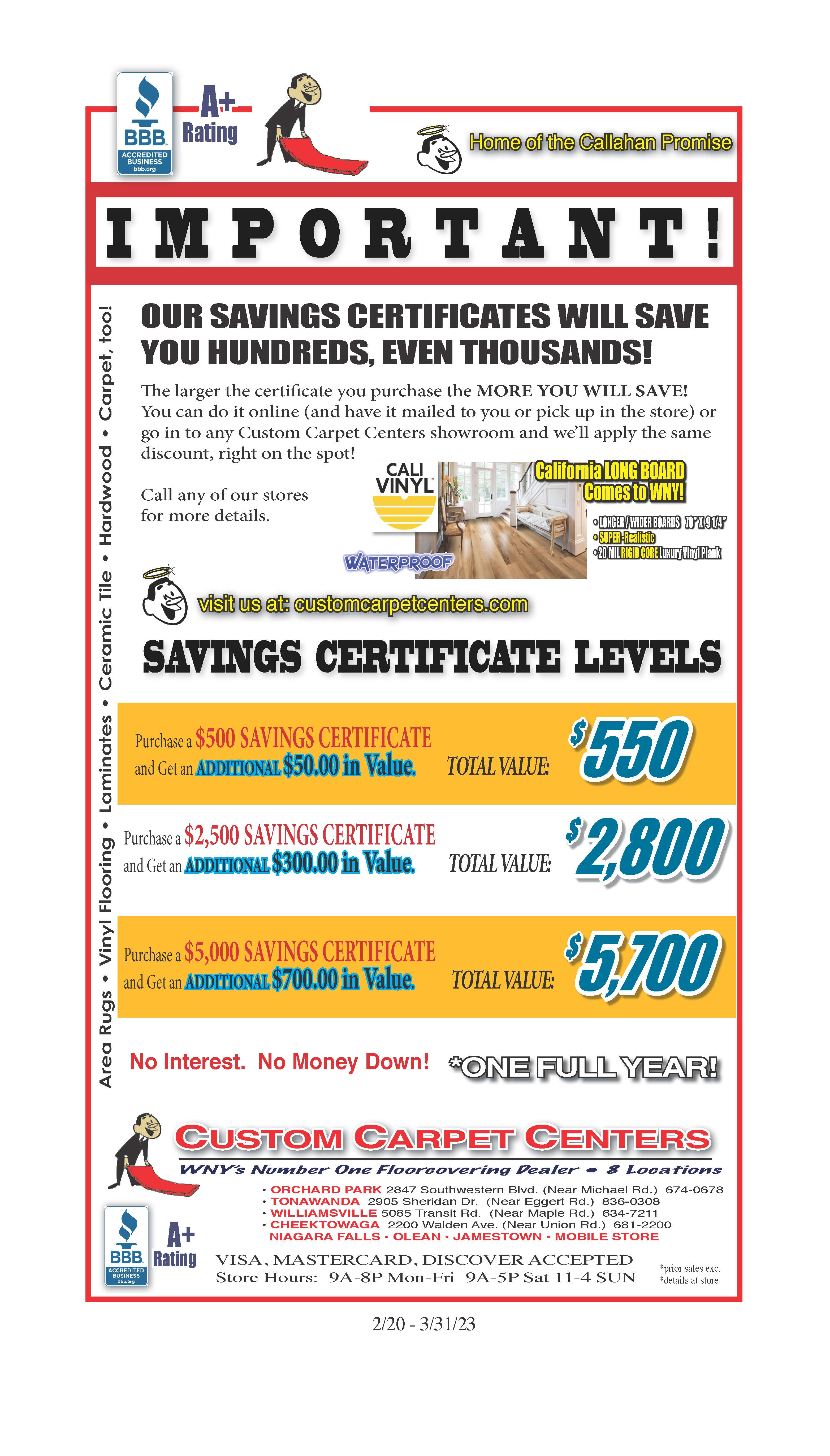 Savings certificate | Custom Carpet Centers