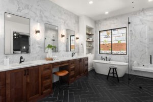 Ceramic Tile for Spa-Like Bathroom with a shower and single bath tub by Custom Carpet Center in Western New York.