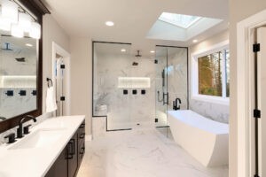 Ceramic Tile in a large luxury bathroom for all seasons in a Western NY Climate by Custom Carpets